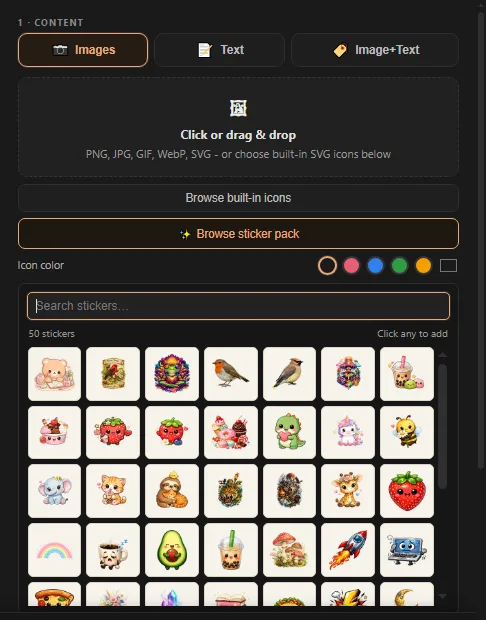The Content section with Images, Text, and Image+Text tabs, the upload box, and the built-in sticker pack open showing a grid of stickers to click