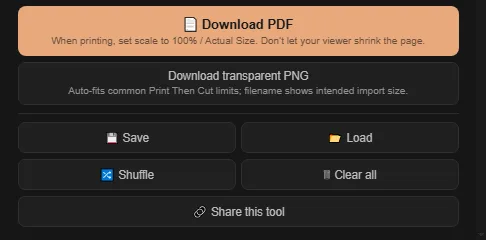 The bottom action bar with the orange Download PDF button, plus Download transparent PNG, Save, Load, Shuffle, and Clear all