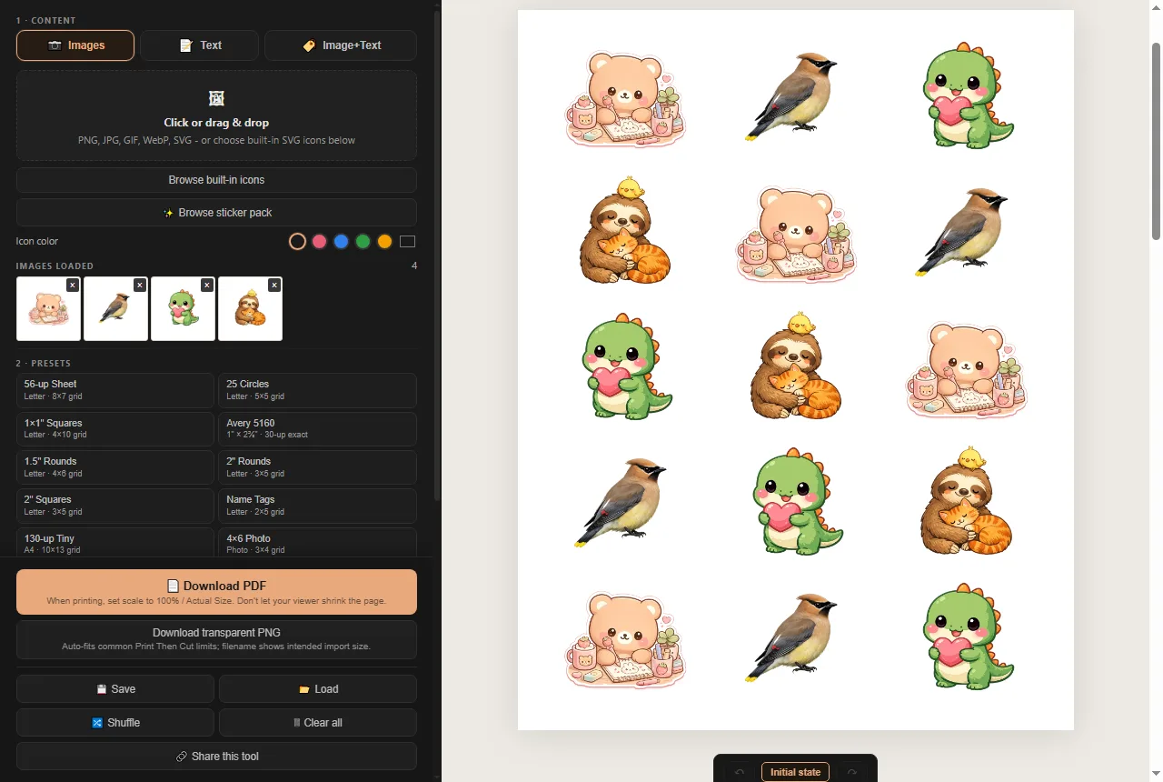 The sticker maker with four pictures loaded and a sheet of fifteen round stickers filled in the preview