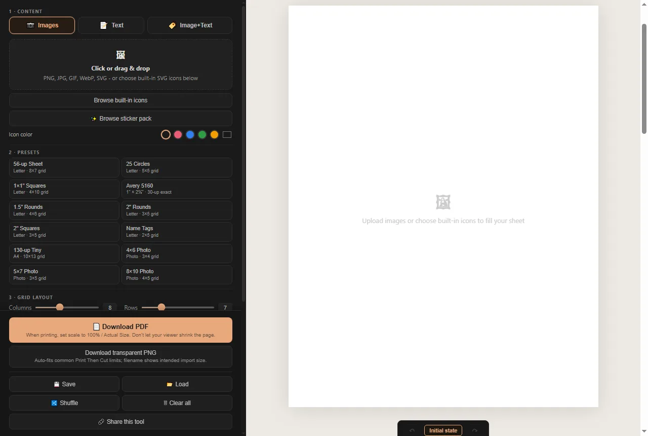 The sticker maker on first open: numbered controls in a dark panel on the left, a blank white sheet preview on the right