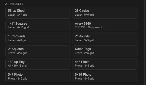 The Presets section showing layout buttons such as 56-up Sheet, 25 Circles, Avery 5160, 2 inch Rounds, and Name Tags