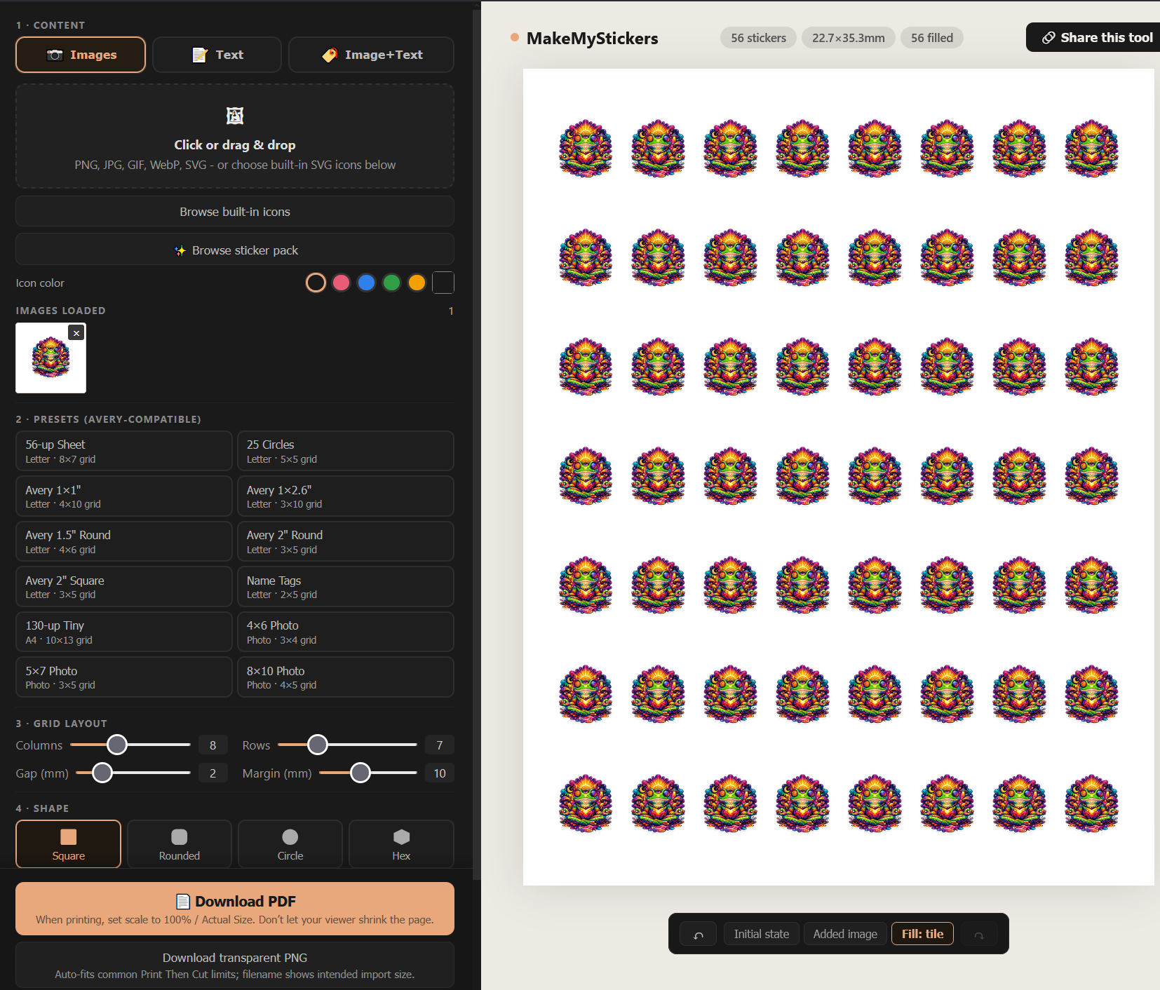 The MakeMyStickers editor with one uploaded image tiled into a 56-up sticker sheet