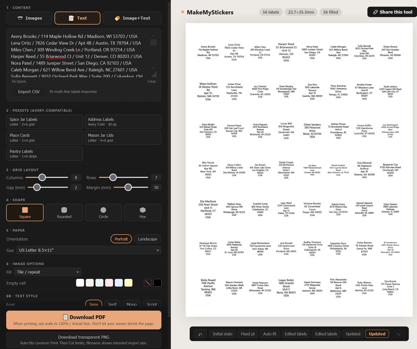 The MakeMyStickers editor filling a sheet of address labels from imported CSV rows
