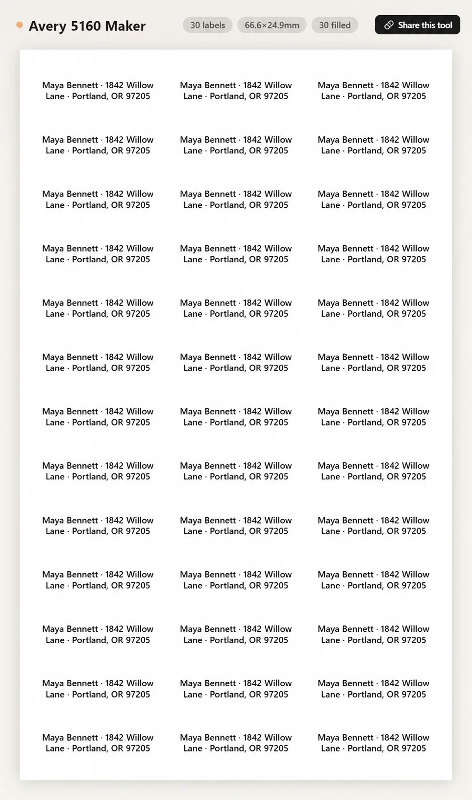 Avery 5160 address label sheet preview with 30 labels on US Letter paper