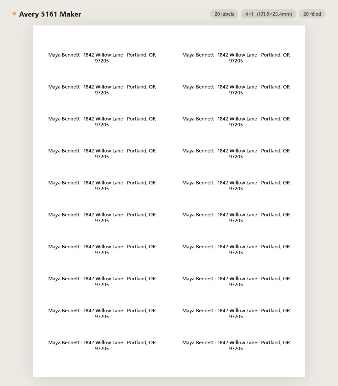 Avery 5161 address label sheet preview with 20 labels on US Letter paper