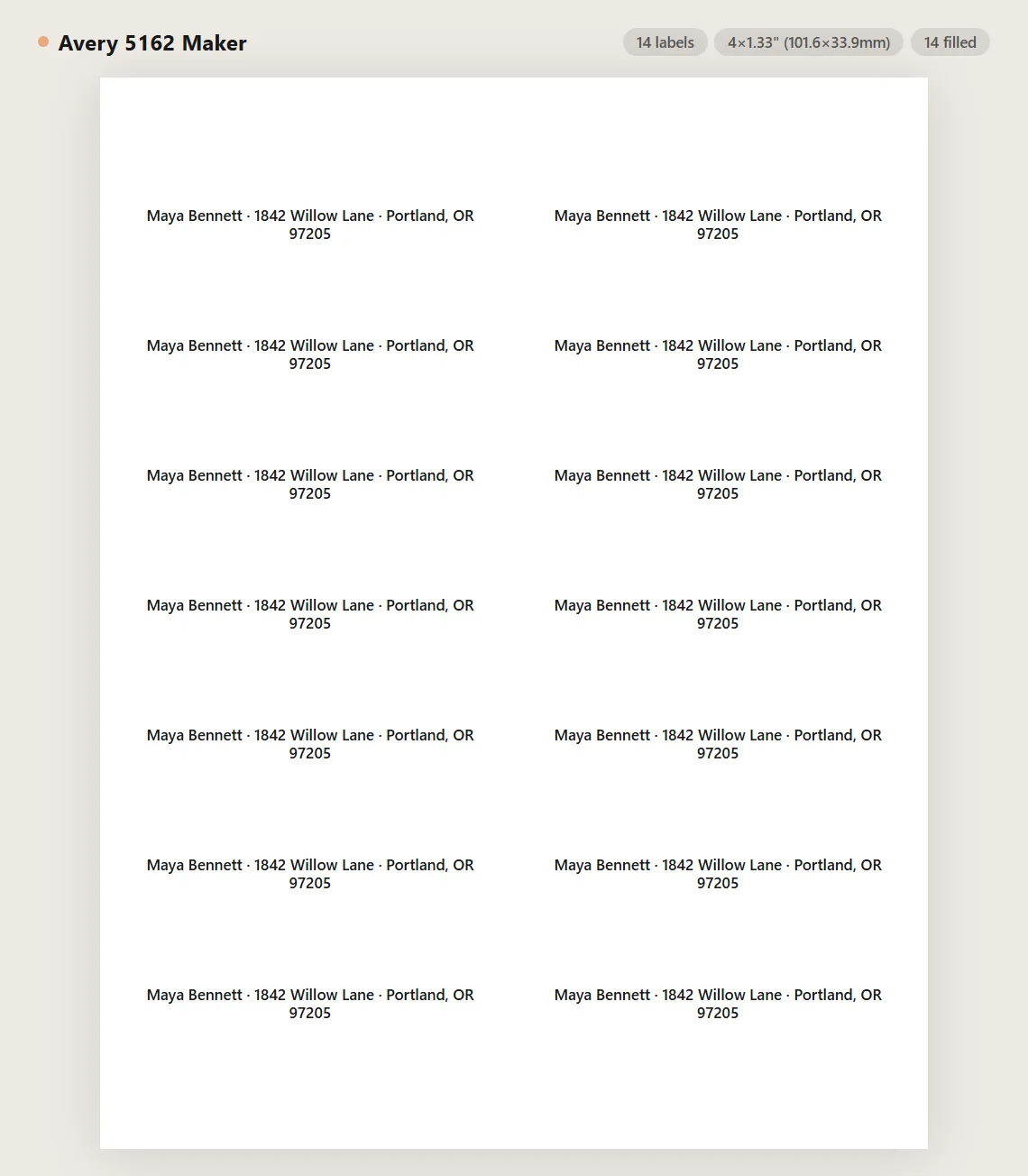 Avery 5162 address label sheet preview with 14 labels on US Letter paper