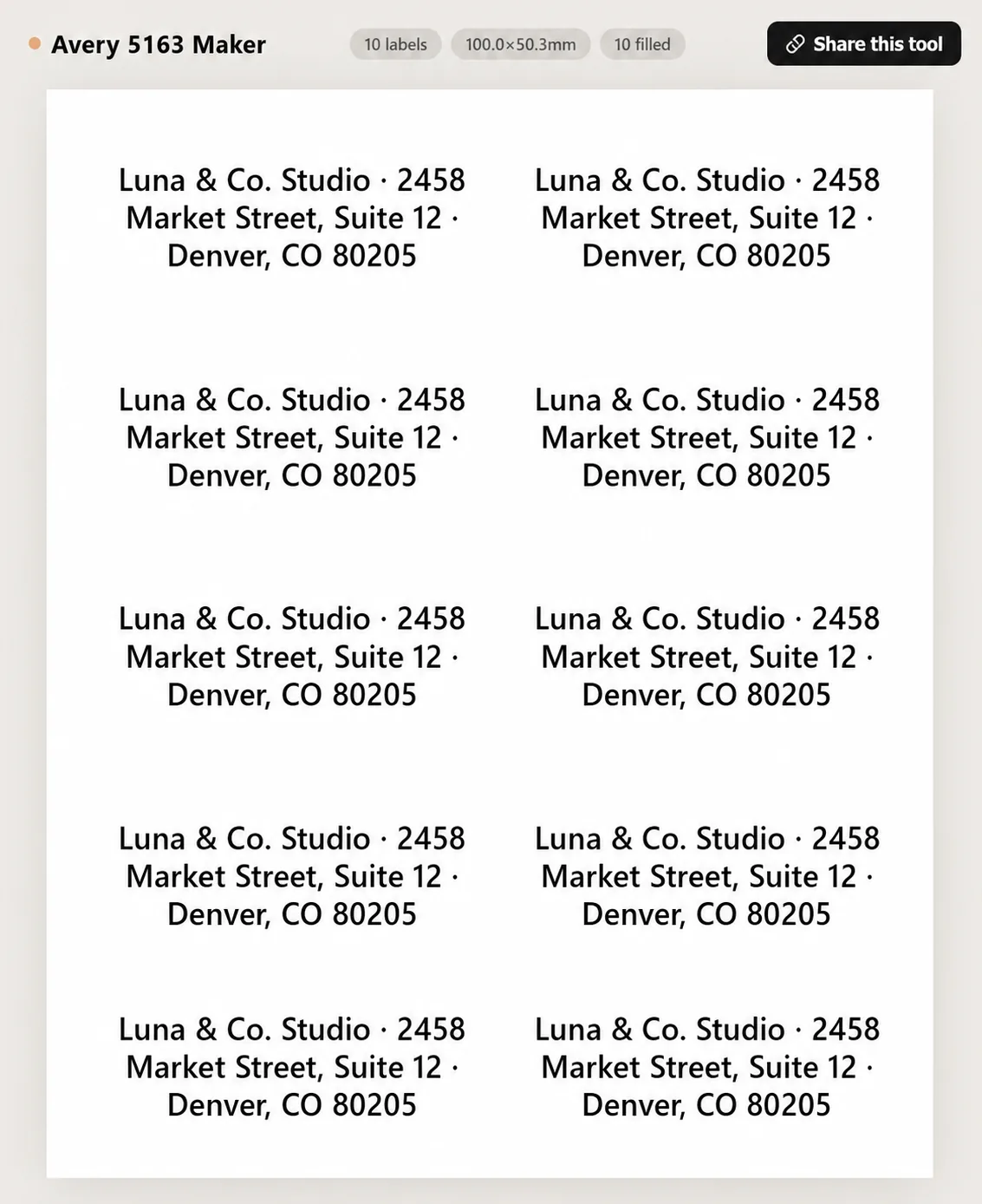 Avery 5163 shipping label sheet preview with 10 labels on US Letter paper
