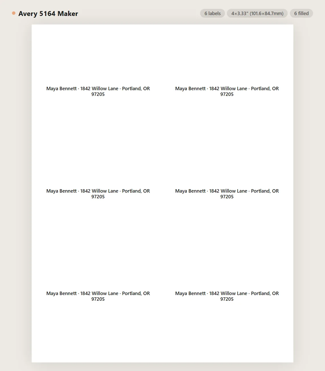 Avery 5164 shipping label sheet preview with 6 labels on US Letter paper
