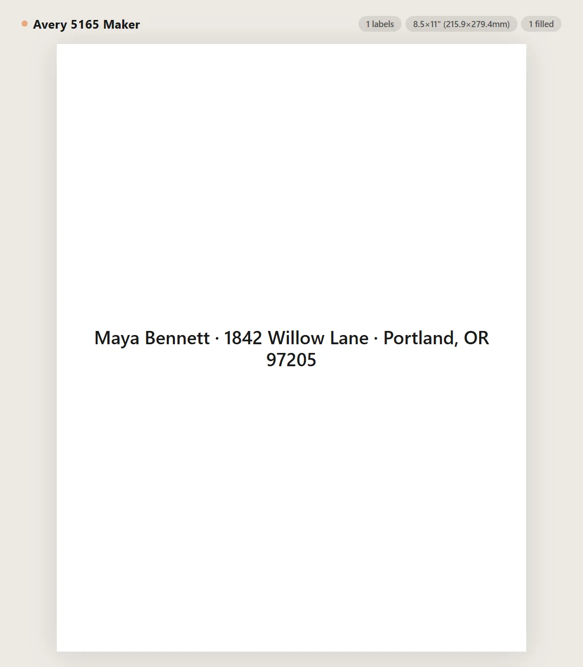 Avery 5165 full-sheet label preview with one 8.5 by 11 inch label on US Letter paper