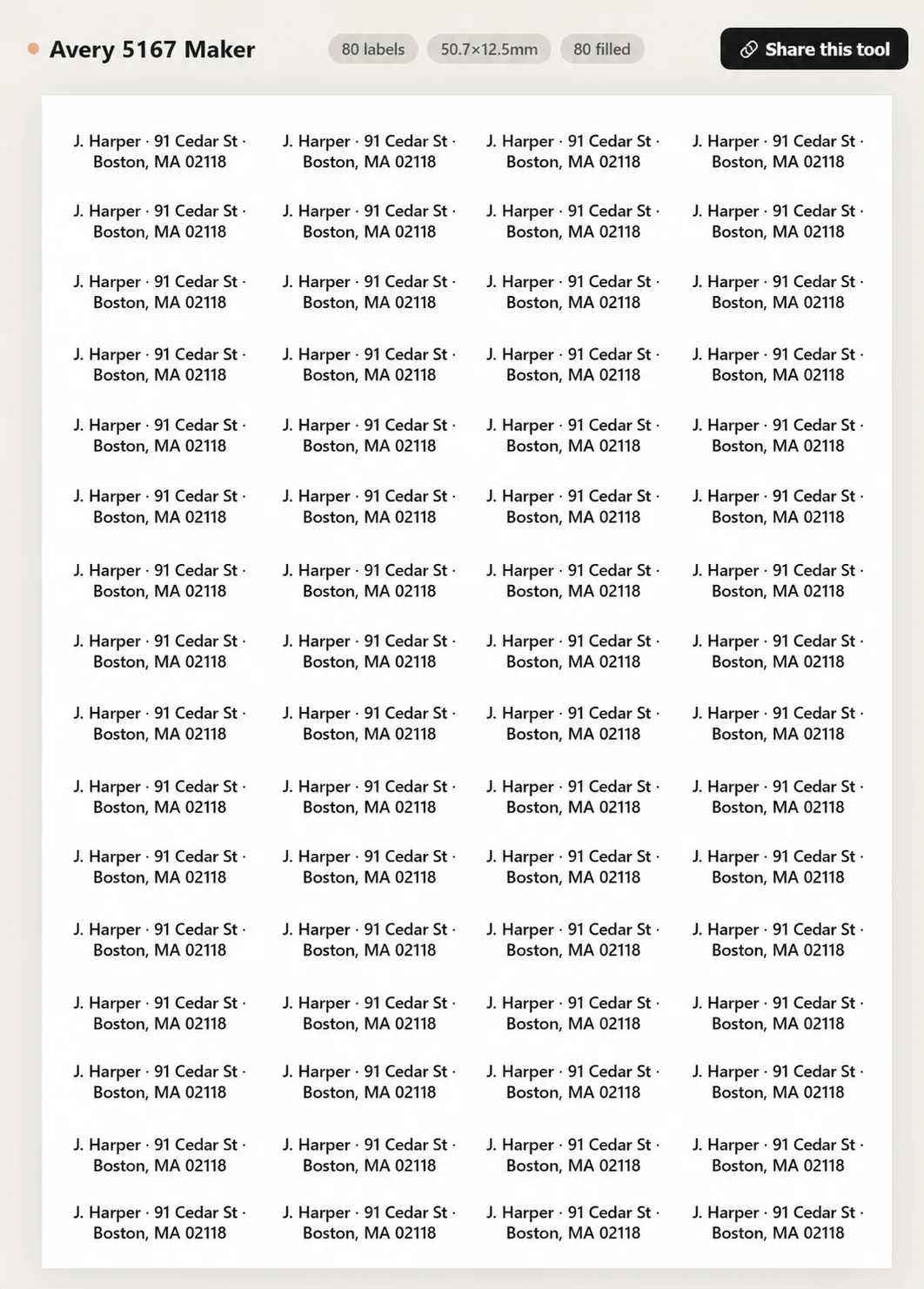 Avery 5167 return address label sheet preview with 80 small labels on US Letter paper