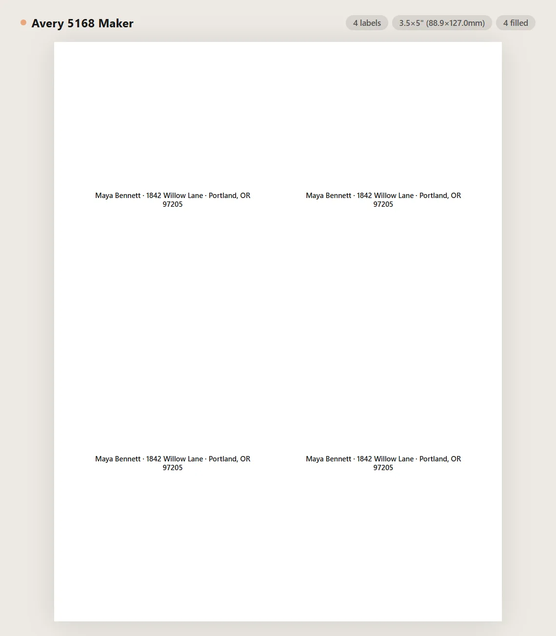 Avery 5168 shipping label sheet preview with 4 large labels on US Letter paper
