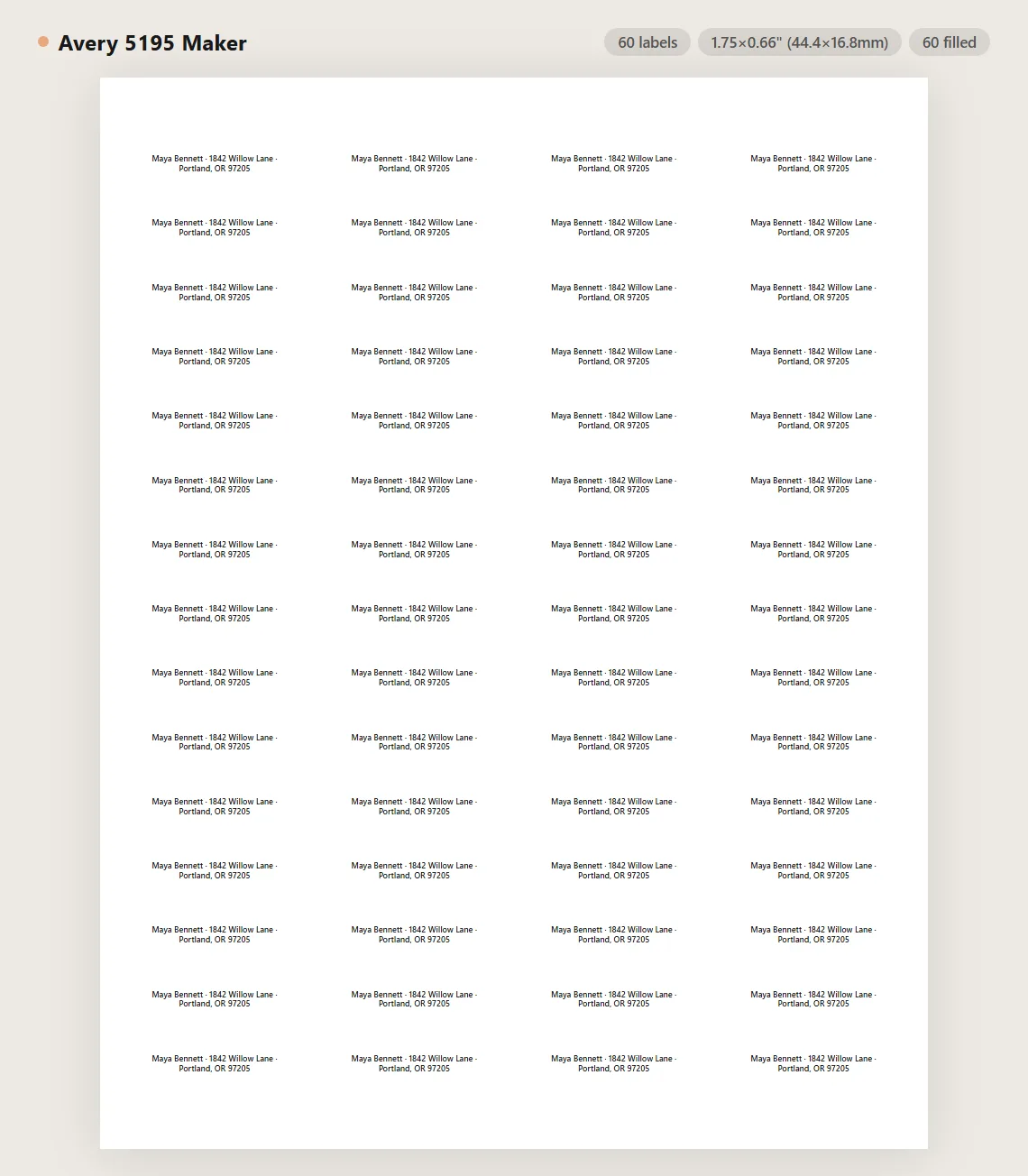 Avery 5195 return address label sheet preview with 60 small labels on US Letter paper