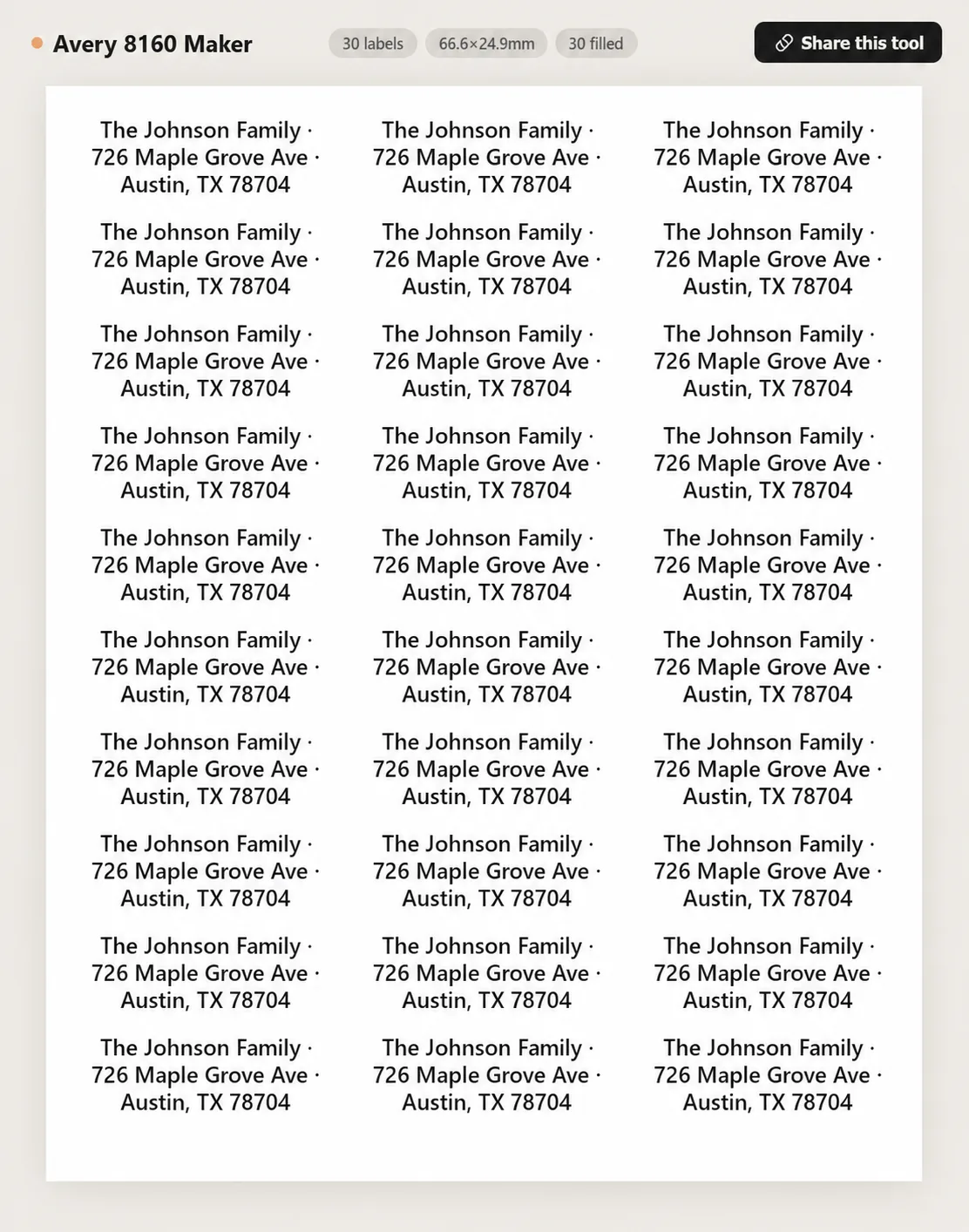 Avery 8160 inkjet address label sheet preview with 30 labels on US Letter paper