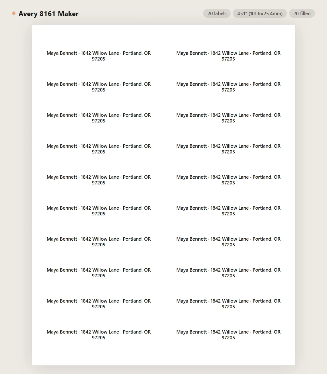 Avery 8161 inkjet address label sheet preview with 20 labels on US Letter paper