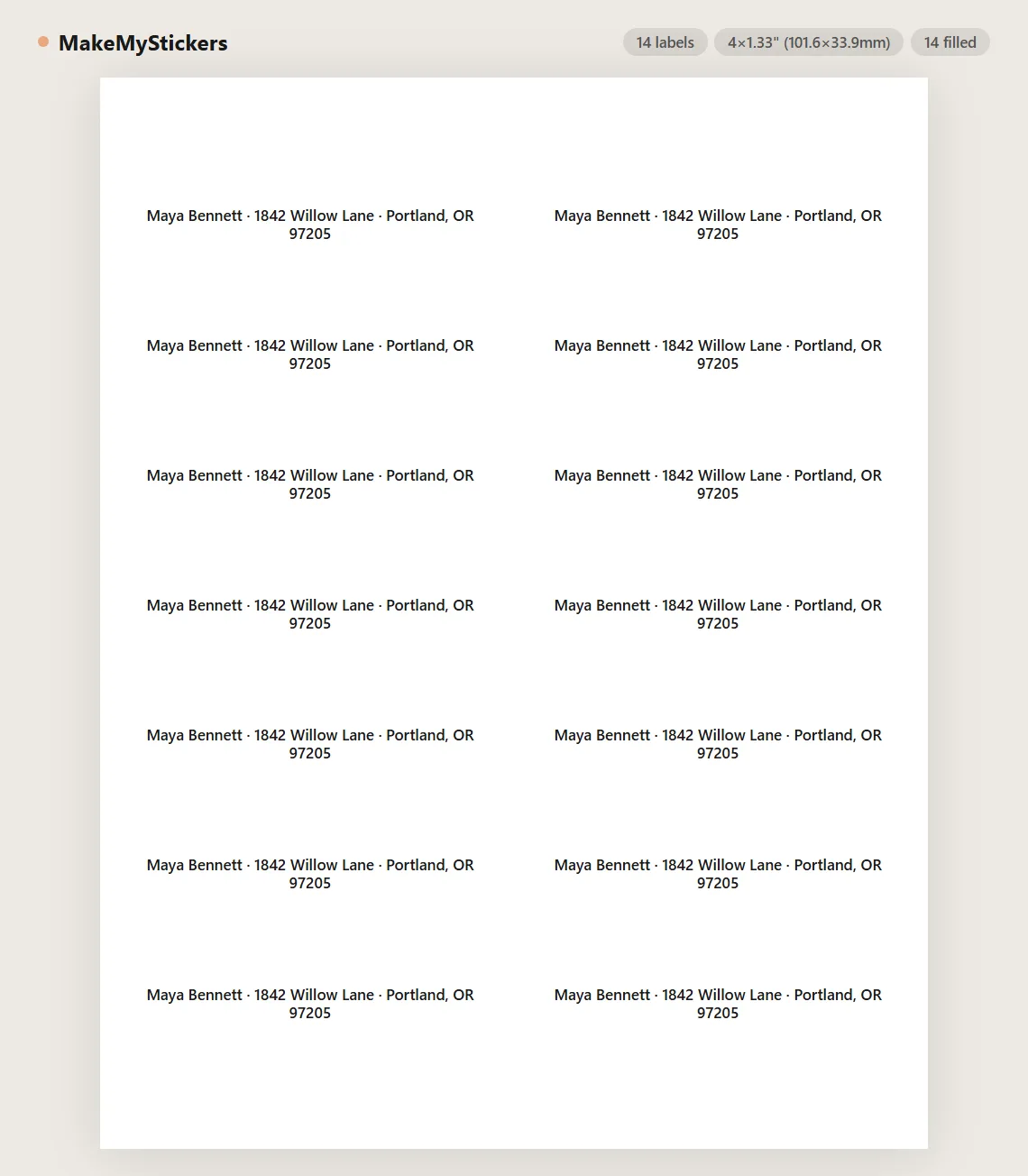 Avery 8162 inkjet address label sheet preview with 14 labels on US Letter paper