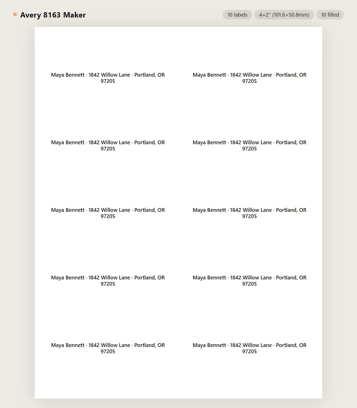 Avery 8163 inkjet shipping label sheet preview with 10 labels on US Letter paper