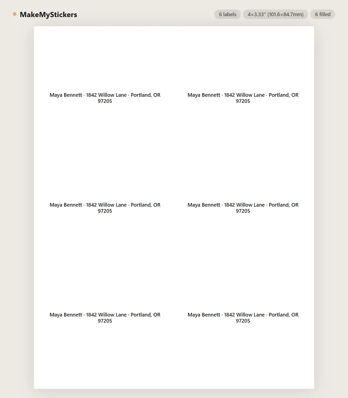 Avery 8164 inkjet shipping label sheet preview with 6 labels on US Letter paper