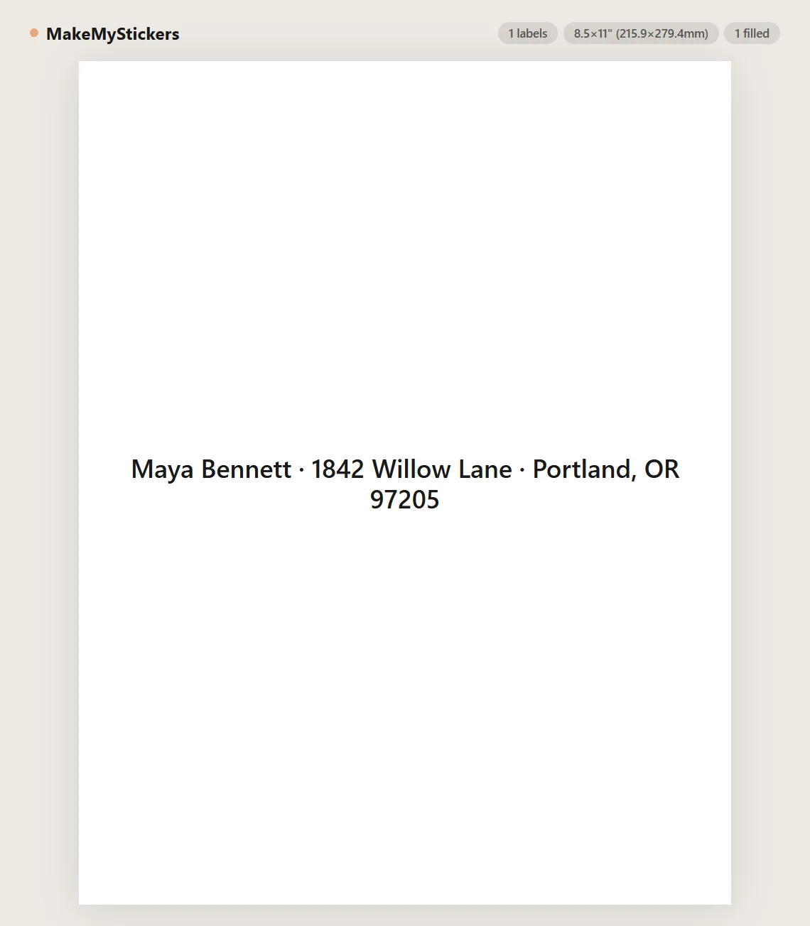 Avery 8165 full-sheet inkjet label preview with one 8.5 by 11 inch label on US Letter paper