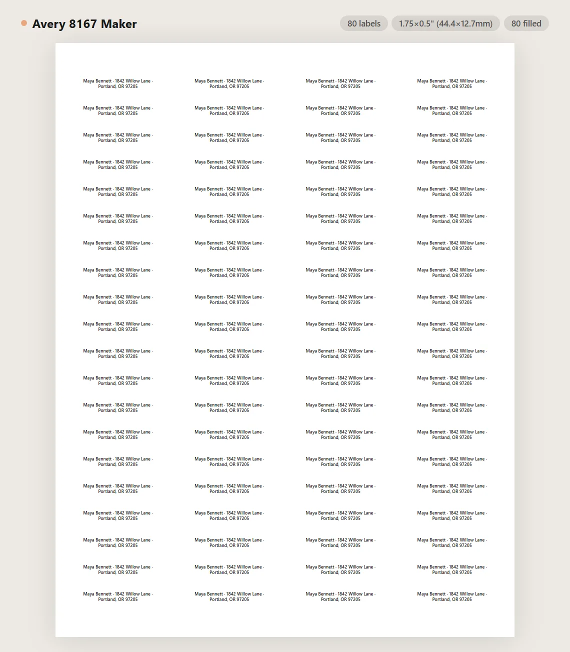 Avery 8167 inkjet return address label sheet preview with 80 small labels on US Letter paper