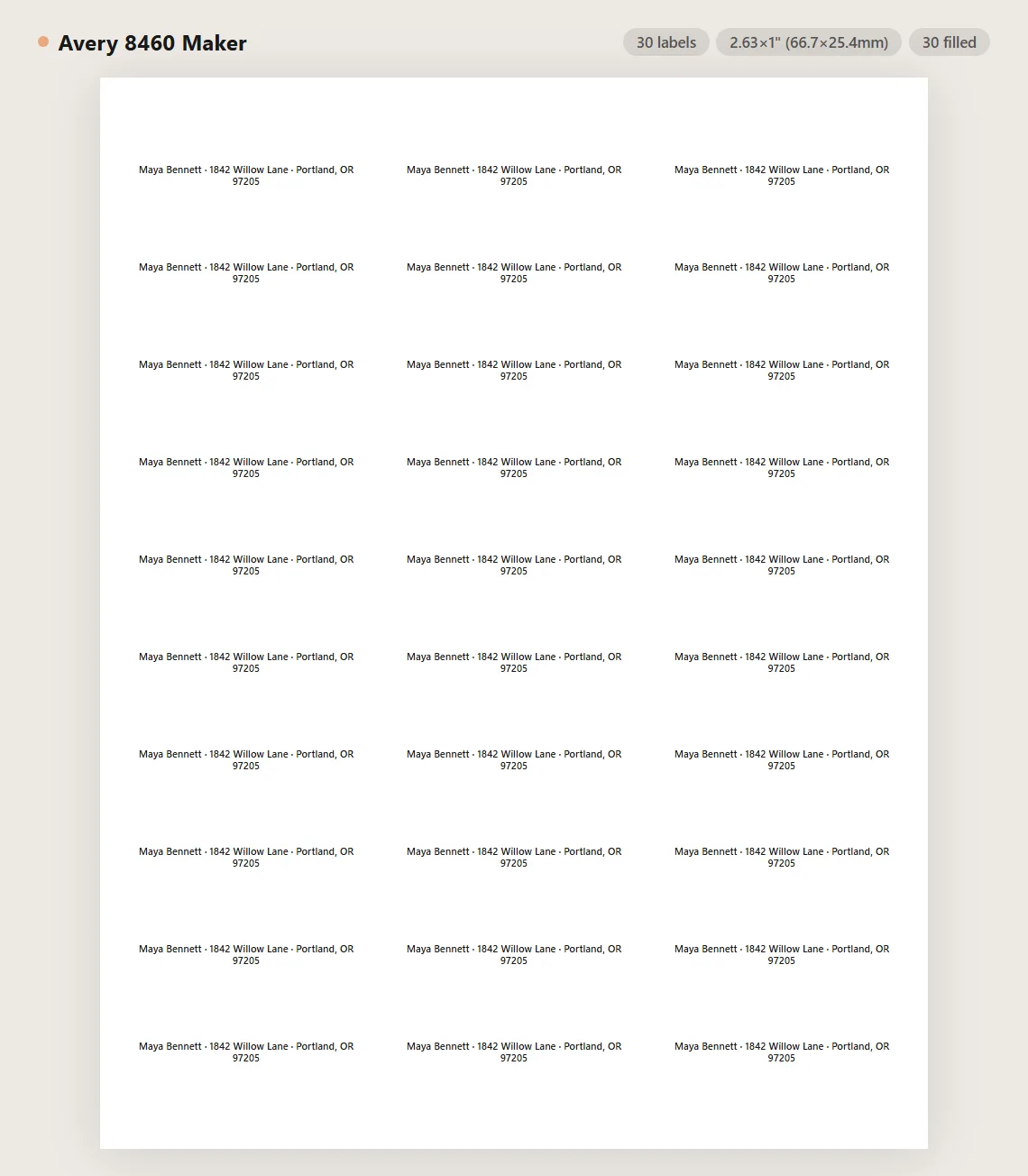Avery 8460 inkjet address label sheet preview with 30 labels on US Letter paper