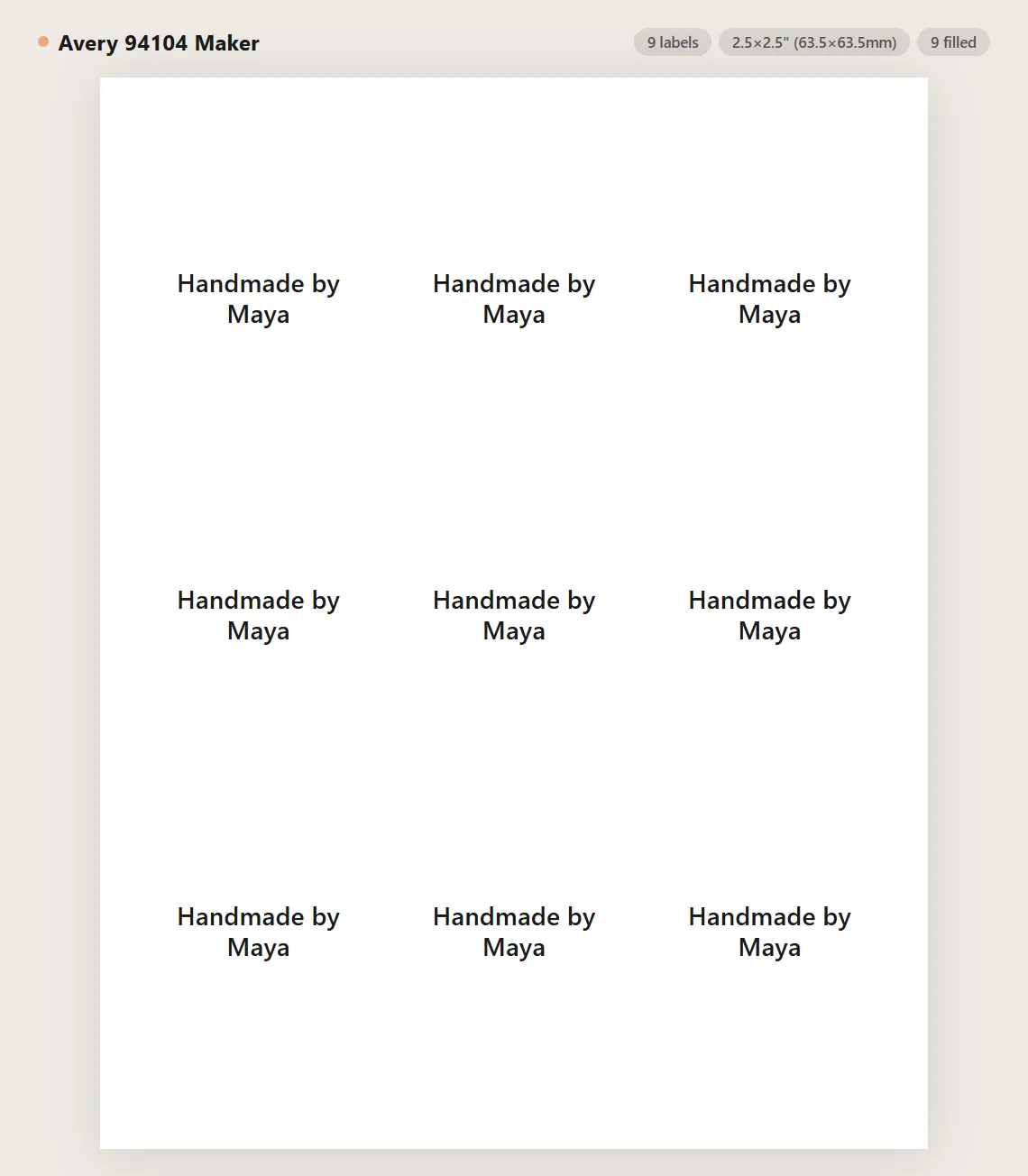Avery 94104 square label sheet preview with 9 labels on US Letter paper